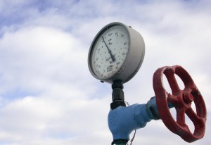 A pressure gauge is pictured at a Ukrainian gas compressor station in the village of Boyarka