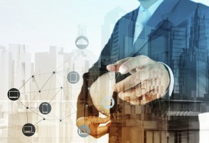 Double exposure of business engineer and abstract city as concep