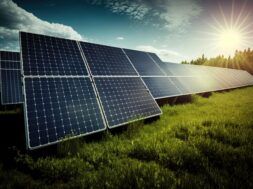photovoltaic solar power panel in the field, green clean Alternative power energy concept. Ai generative