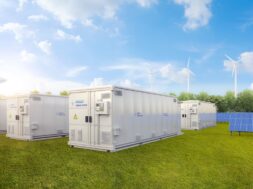 Amount of energy storage systems or battery container units with solar and turbine farm