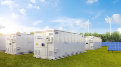 Amount of energy storage systems or battery container units with solar and turbine farm