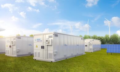 Amount of energy storage systems or battery container units with solar and turbine farm